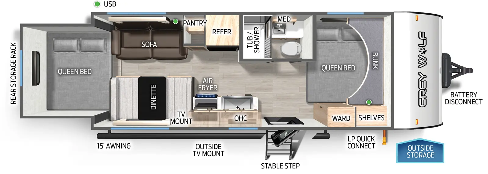 The Grey Wolf 19SM floorplan has one entry and one slide out. Exterior features include: metal exterior and 15' awning. Interiors features include: front bedroom, rear bedroom and two bedrooms.